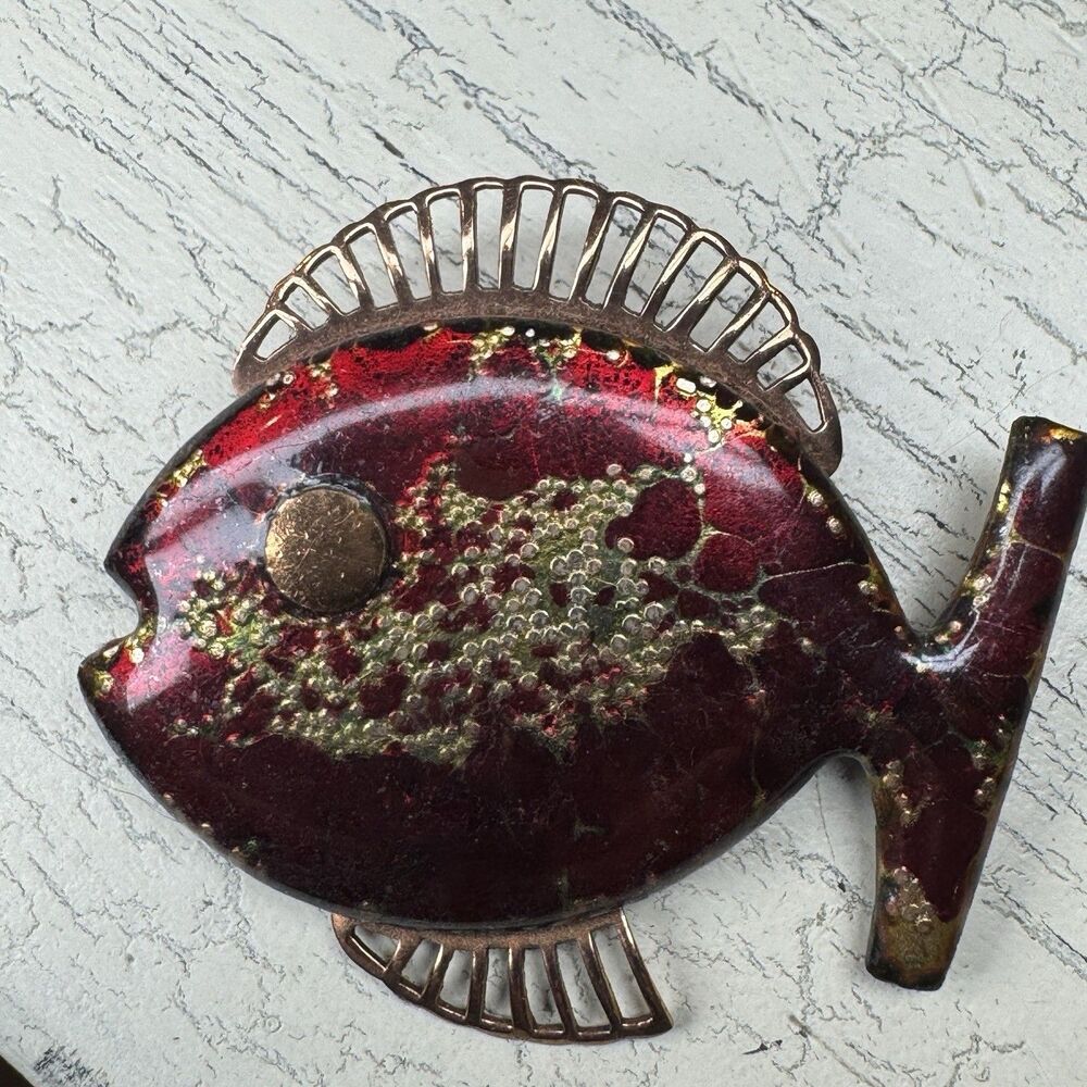 Vintage Enamel Brooch Fish Red Gold Flecks Copper Base Signed Matisse Pin 1950s